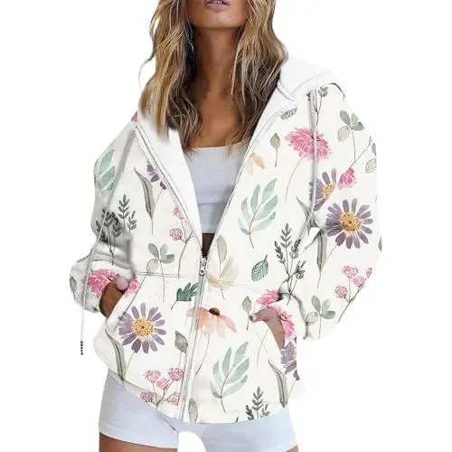 Produktbild: Sweatjacke Damen Mit Kapuze Oversize Damen-Jacken College Jacke Damen Winter Pullover Aufdruck Mantel Damen Reissverschluss Übergangsjacke Damen Hoodie Sportjacke Frauen Sweatshirt Mit Taschen