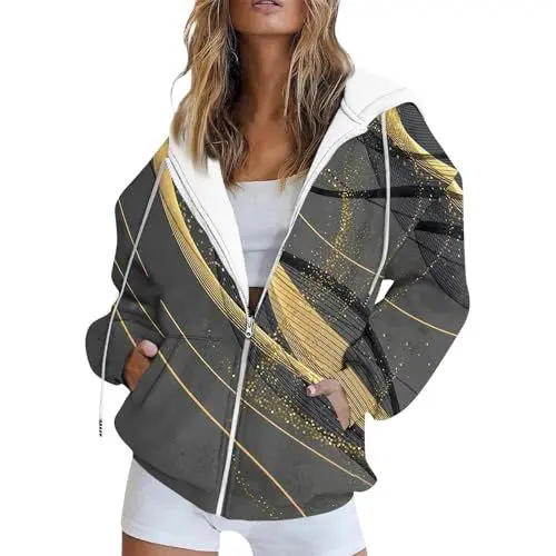 Produktbild: Sweatjacke Damen Mit Kapuze Oversize Übergangsjacke Damen Hoodie Damen-Jacken College Jacke Damen Winter Pullover Aufdruck Mantel Damen Reissverschluss Sportjacke Frauen Sweatshirt Mit Taschen