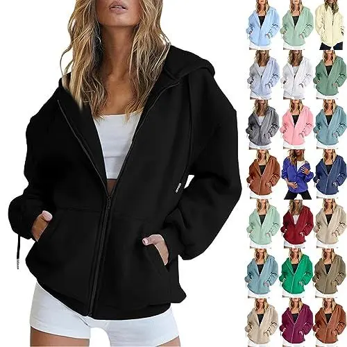 Produktbild: Sweatjacke Damen mit Kapuze Zip Hoodie Jacke Oversize Sportjacke Langarm Kapuzenjacke Einfarbig Herbst Winterjacke Übergangsjacke College Kapuzenpullover Freizeitjacken Casual Style Bomberjacke