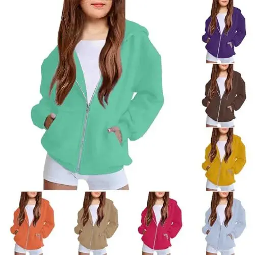 Produktbild: Sweatjacke Mädchen Kapuzenjacke mit Reißverschluss Taschen Übergangsjacke Kinderjacke Unisex Sweatshirt Jacke Outdoor Hoodie Schuluniform Varsity Jacket (Hot Pink, 11-12 Years)