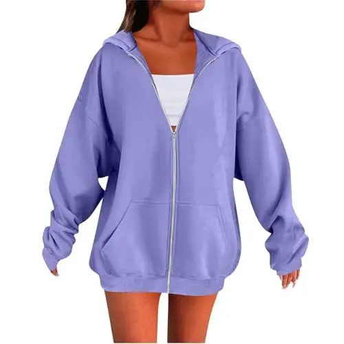 Produktbild: Sweatjacke lang Damen Sweatjacke Hoodie Oversize Zipper Sportjacke Frauen Langarm Kapuzenjacke Full Zip Übergangsjacke Lang Sweatshirt Reißverschluss Sweatshirtjacke schwarzer Hoodie Damen