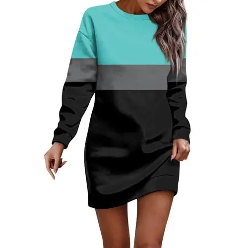 Produktbild: Sweatshirt Damen Lange Pullover Elegant Sexy Langarm Rundhals Oberteile Farbblock Pulli Herbst Kleider Sweatshirt Dress Lässig Sportliche Longshirt Tops Casual Langarmshirt Ohne Kapuze Schwarz S