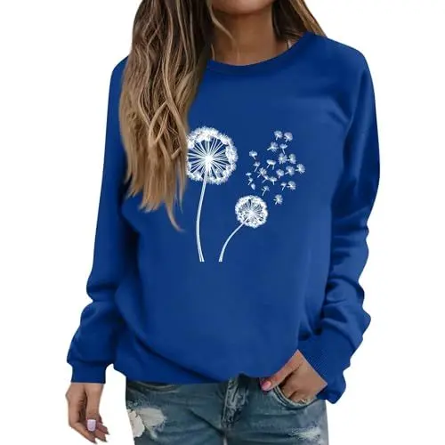 Produktbild: Sweatshirt Damen Ohne Kapuze Pullover Oberteile Elegant Rundhals Blumendruck Mode Casual Langarm Locker Blusen Tops Longsleeve Damen Langarmshirt T-Shirt Blau M