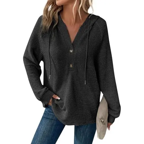 Produktbild: Generisch Pullover Damen Herbst Hemdbluse Tshirt Oversize Kleidung Travel Outfit Ausgefallene Sweatjacke Hoody Mit Kapuze Strickpullover Schwarz 3XL