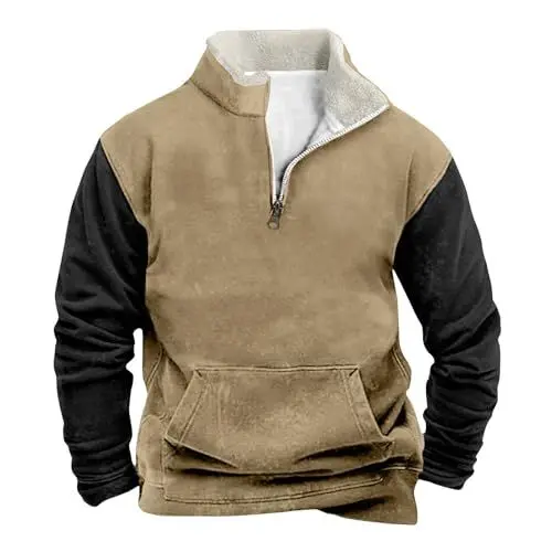 Produktbild: Herren Langarm Baggy Stehkragen 1/4 Half Zip Sweatshirt Vintage Color Block Reißverschluss Pullover mit Reißverschluss Lässige Basic Outdoor Top Braun L