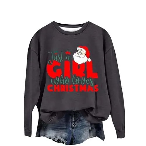 Produktbild: Sweatshirt Hoodie Damen Sweatshirt Hoodie Damen Weihnachts-Sweatshirt für Damen mit Aufdruck „Just A Girl Who Loves Christmas“, modisch, lässig, Sweatshirt Damen Grün Sweatshirt Damen Grün (Grey, S)