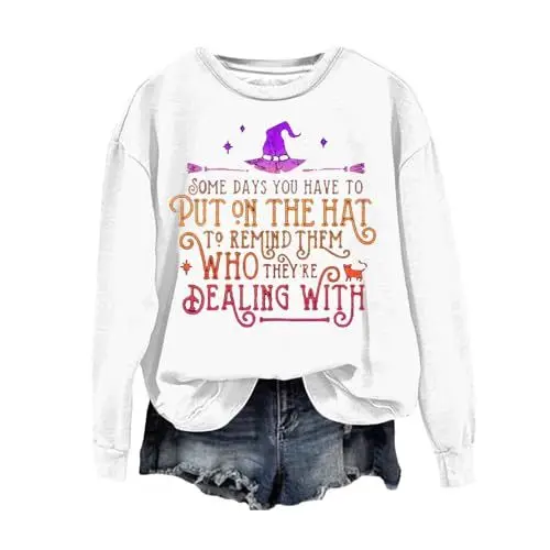 Produktbild: Sweatshirt Jacke Damen Ohne Kapuze Pulli Damen Damen Sweatshirt mit Rundhalsausschnitt und Halloween-Print, lässig, langärmelig Sportpullover Damen Beliebte Pullover Damen (White, XXL)