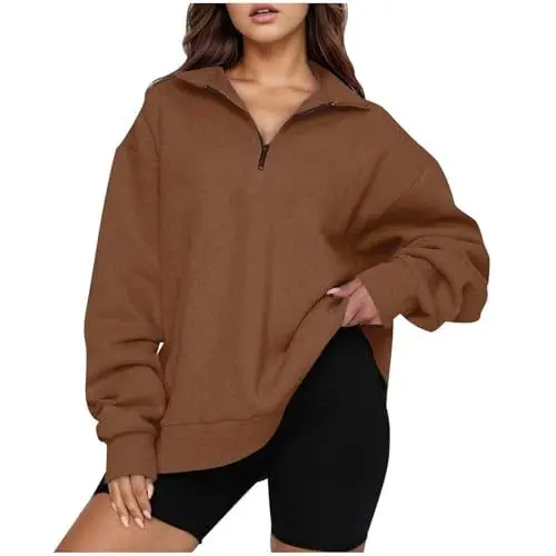 Produktbild: Sweatshirts Pullover Damen Zipper Oversized Langarmshirt mit hohem Kragen Einfarbige Langarm Halb-Reißverschluss Locker Casual Oberteile (Coffee, M)