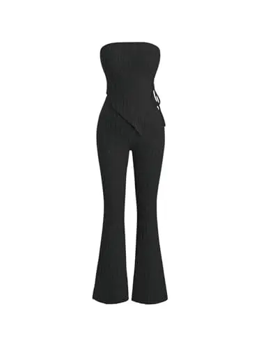 Produktbild: SweatyRocks Damen 2 Piece Hosen und Tube Top Sets Outfit Set Streetwear Asymmetrisch Tops Lange Schlaghose Freizeitanzug Schwarz L