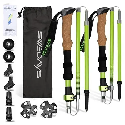 Produktbild: SWEDAYS® Wanderstöcke Faltbar Nordic Walking Stöcke für Damen und Herren Trekkingstöcke Leicht und Verstellbar 115-135cm Wanderstock mit Korkgriff und Gummipuffer