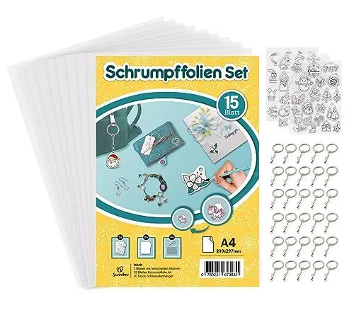 Produktbild: Sweelov 15 Blatt Schrumpffolien Set mit 30 STK Schlüsselanhänger A4 Schrumpfende Plastikfolie mit Motiven transparent Deko Folie für Handwerk