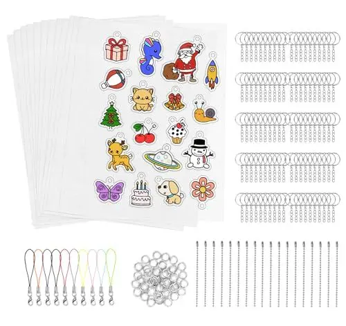 Produktbild: Sweelov 248 Stück Schrumpffolie Set, 20 Blatt A4 Schrumpffolien zum Basteln mit Schlüsselanhänger, Spaltring, Karabinerverschluss, Perlenkette, Transparent Deko Folie für DIY Handwerk