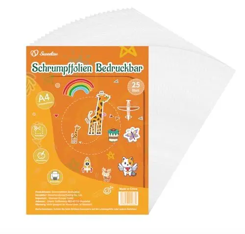 Produktbild: Sweelov 25 Stück Schrumpffolien Bedruckbar - A4 Transparent schrumpffolienplatten - Matt Schrumpfende Plastikfolie zum basteln Deko Folie für Handwerk