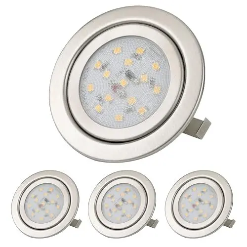 Produktbild: Sweet Led Möbel LED Einbaustrahler 12V flach, Bohrloch 60-68mm 3W Warmweiß, Möbeleinbauleuchte, G4 Einbauspot LED Spot 12v Spiegelschrank, Unterbauleuchte Küche, Chrom gebürstet 4er Pack
