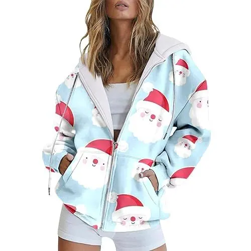 Produktbild: Sweet Pullover Damen Coole Klamotten FüR MäDchen Weihnachtsmode und Winter Weihnachten Schneemann Stern bedruckt lässig Langarm Kordelzug Kapuzenjacke Hoodie Jugendliche MäDchen Jacke (Sky Blue, XL)