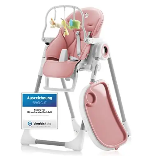 Produktbild: Sweety Fox Hochstuhl Baby mit Liegefunktion - Verstehllbar und Klappbar, Kinderstuhl mit Sicherheitsgurt - Mitwachsender Kinderhochstuhl 6 Monaten bis 3 Jahren, max. 15 kg - Rosa