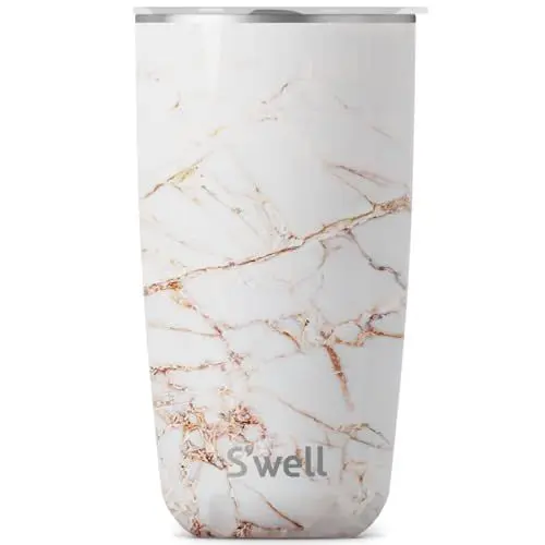 Produktbild: S'well Swell Edelstahl-Becher mit transparentem Schiebedeckel, 45 ml, Calacatta Gold, dreilagige, vakuumisolierte Behälter, hält Getränke kalt für 4 Stunden heiß, BPA-freie Wasserflasche, 530 ml
