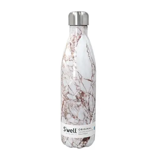 Produktbild: S'well Wiederverwendbare Wasserflasche aus Edelstahl, 750 ml, Calacatta Gold, dreifach isolierte und auslaufsichere Trinkflasche für heiße und kalte Getränke bis zu 48 Stunden kalt/24 Stunden heiß