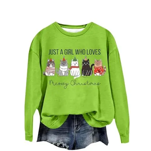 Produktbild: Swetchert Jacke Damen Swetchert Jacke Damen Weihnachts-Sweatshirt für Damen, „Just A Girl Who Loves Christmas“, Katzen-Aufdruck, modisch, lässig, Tunic Hoodie Pullover Tunic Hoodie Pullover (Green, M)