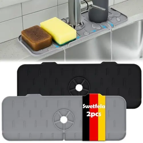 Produktbild: Swetfela 2 Stück Abtropfmatte Silikon,45 cm Silikon Abtropfmatte,Waschbecken Spritzschutz zum Trocknen von Arbeitsplatten zum Schutz von Küchenutensilien Wasserhahn Matte Spritzschutz (Schwarz/Grau)