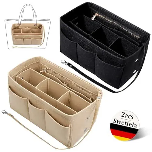 Produktbild: Swetfela 2 Stück Handtaschen Organizer,30x17x16 cm Filz Taschenorganizer mit Mehreren Fächern,Abnehmbare Große Kapazität Taschen Organizer mit Schlüsselkette,Innentasche für Handtaschen Schwarz+Beige