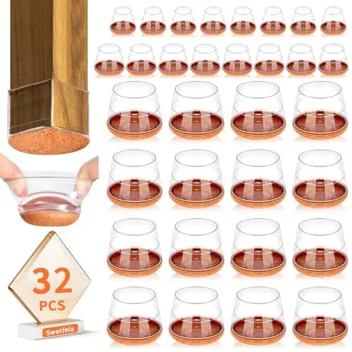 Produktbild: Swetfela 32 Stück Kombinierbar Stuhlbeinkappen,Fit 19-40mm Stuhlbeinschoner Groß Transparent,Schutzkappen für Stuhlbeine mit Dickem Filz,Stuhlbeinkappen Rund SchüTzen Böden vor Kratzern stuhlgummis