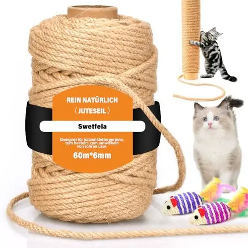 Produktbild: Swetfela Sisalseil für Kratzbaum, 6MM X 60M Natur Sisal Seil für Katzen, Juteschnur Spielzeug mit 2 Mäusen, Sisalseil Multifunktional Natürlich, Paketschnur für Verpackung, DIY Kunst-Handwerk