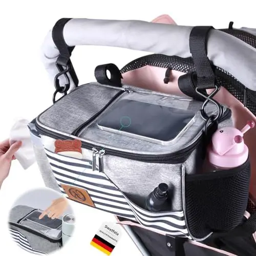 Produktbild: Swetfela Kinderwagen Organizer Universal, Buggy Organizer Fasst 2 Getränkehalter, Kinderwagentasche mit Reißverschlusstasche, Buggy Tasche für Babyartikel, Flaschen, Windeln und Spielzeug(Grau)