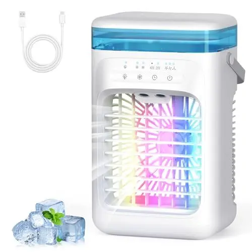 Produktbild: SWGOTA Mobile Klimaanlage, 4 in 1 Mini Tragbare Klimaanlage, 1000ml Wassertank, 3 Lüftergeschwindigkeiten, 2 Nebelmodi, 7 Farben LED, Tragbarer Luftkühler Geeignet für Schlafzimmer, Büro, Wohnzimmer