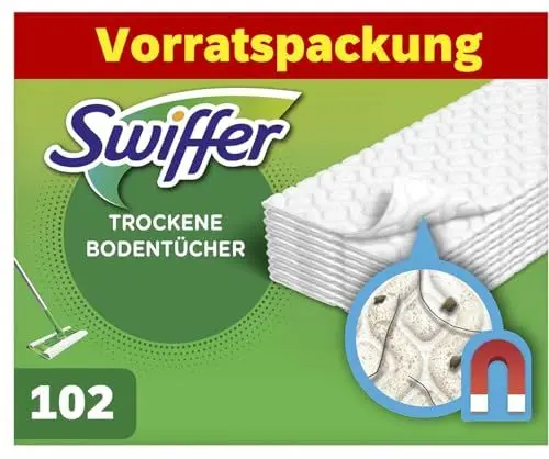 Produktbild: Swiffer Bodenwischer Mit 102 Trockenen Bodentüchern Nimmt Schmutz Auf Und Schließt Ihn Ein (+3 Feuchte Bodentücher als Probepackung)