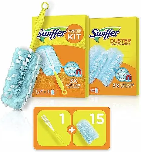 Produktbild: Swiffer Staubmagnet Starter-Set (1 Griff + 13 Nachfülltücher) Fängt Und Schließt 3-mal Mehr Staub Und Haare Ein Als Herkömmliche Staubwedel