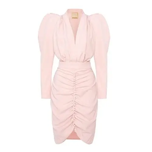 Produktbild: Swing Fashion Damen Kleid Elegant | Partykleid | Cocktailkleider | Abendkleid | Business Kleider | Festliches Kleid | Bleistiftkleid | Bodycon | V-Ausschnitt | Knielang | Langarm | Puderrosa | XS(34)