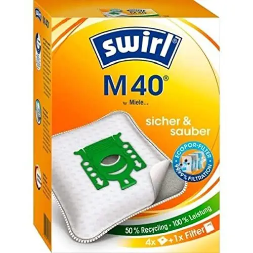 Produktbild: Swirl M 40 EcoPor Staubsaugerbeutel (4 Beutel), reißfeste Staubbeutel für viele Hoover und Miele Staubsauger mit Beutel, 99,9 % Filterung von Hausstaub & allergenem Feinstaub