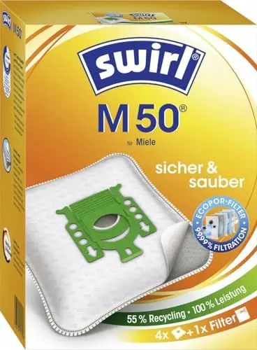 Produktbild: Swirl M 50 EcoPor Staubsaugerbeutel (4 Beutel), reißfeste Staubbeutel für alle Miele Staubsauger mit Beutel, 99,9 % Filterung von Hausstaub & allergenem Feinstaub
