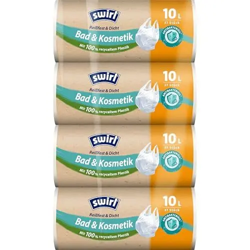 Produktbild: Swirl Reißfest & Dicht Bad & Kosmetik Tragegriff Müllbeutel 10 l (4 x 37 Beutel), tropfsichere Kosmetik-Müllsäcke, reißfeste Mülltüten mit praktischem Tragegriff