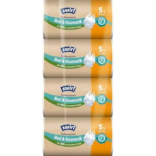 Produktbild: Swirl Reißfest & Dicht Bad & Kosmetik Tragegriff Müllbeutel 5 l (4 x 40 Beutel), tropfsichere Kosmetik-Müllsäcke, reißfeste Mülltüten mit praktischem Tragegriff