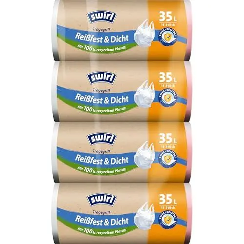 Produktbild: Swirl Reißfest & Dicht Tragegriff Müllbeutel 35 l (4 x 15 Beutel), tropfsichere Müllsäcke für den Hausmüll, reißfeste Mülltüten mit praktischem Tragegriff