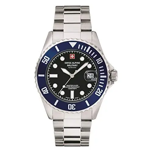 Produktbild: Swiss Alpine Military 7053.1 Master-Diver Herren-Armbanduhr, analog, Quarz, Edelstahl, Stahl/Blau/Schwarz – 1136sam, Armband, Stahl/Blau/Schwarz – 1136sam, Armband