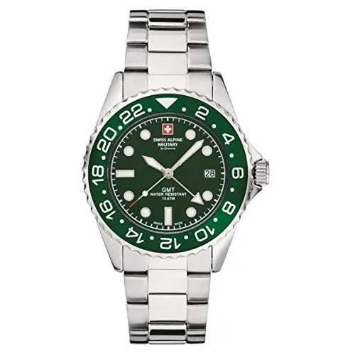 Produktbild: Swiss Alpine Military Herren-Armbanduhr Analog Quarz Edelstahl GMT 7052, Stahl/Grün/Grün – 1134sam, Armband