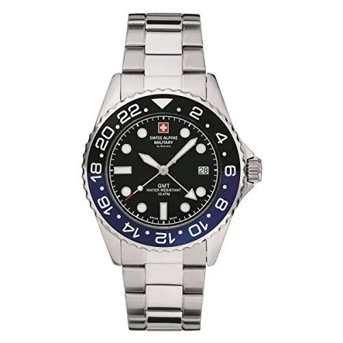 Produktbild: Swiss Alpine Military von Grovana Swiss Alpine Military Herrenuhr GMT Analog Quarz 7052 Edelstahl, Stahl/Schwarz/Blau/Schwarz – 1132sam, Armband