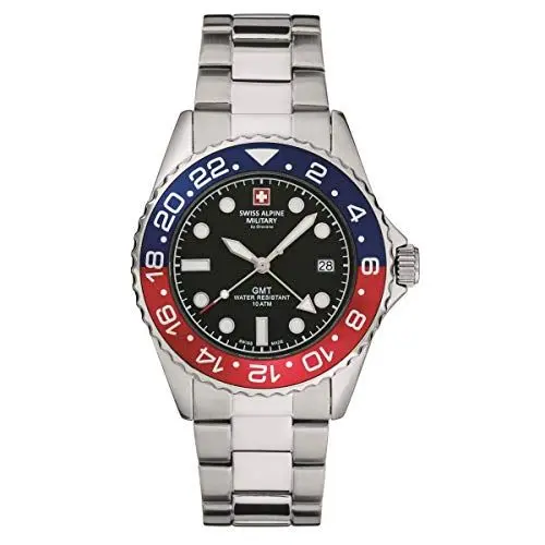 Produktbild: Swiss alpine military by grovana swiss alpine military herrenuhr gmt analog quarz 7052 edelstahl, stahl blau rot schwarz 1131sam, armband