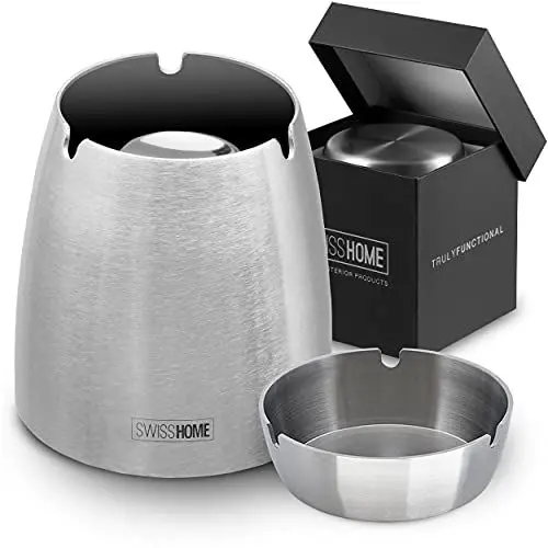 Produktbild: SWISSHOME® - Geruchsdichter XL Aschenbecher mit Deckel - 2 in 1 - für Drinnen & Draußen aus Edelstahl in Premium Geschenkbox