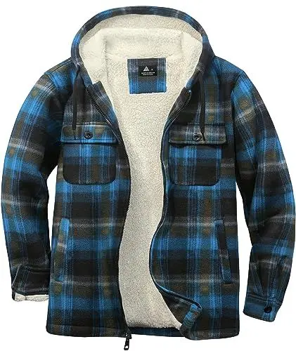 Produktbild: SwissWell Herren Hemdjacke Verdicken Kariertes mit Zipper Flanelljacke Plüschfutter Freizeit Gefüttert Holzfällerhemd Männer Winter Hemd Fleece Hoodie Winterjacke mit Brusttasche(Blau Schwarz, M)