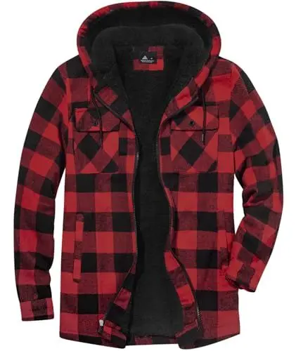 Produktbild: zitysport Hemdjacke Herren Hemd Sherpa Fleece Kariert Gefüttert Kapuzenpullover Fleecefutter Mantel Winter Jacke mit Taschen Flanellhemd Kariertes Männer Sweatjacke mit Kapuze(Rot,S)