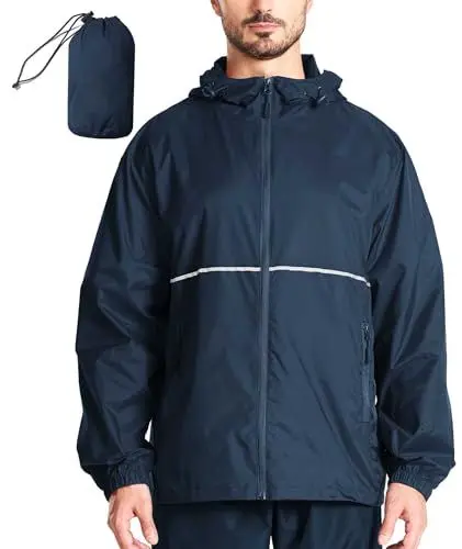 Produktbild: SwissWell Regenjacke Herren Wasserdicht Atmungsaktiv Fahrrad Regenmantel mit Kapuze Leicht Faltbare Windjacke Wandern Fischen Camping Outdoor, Marineblau, XL
