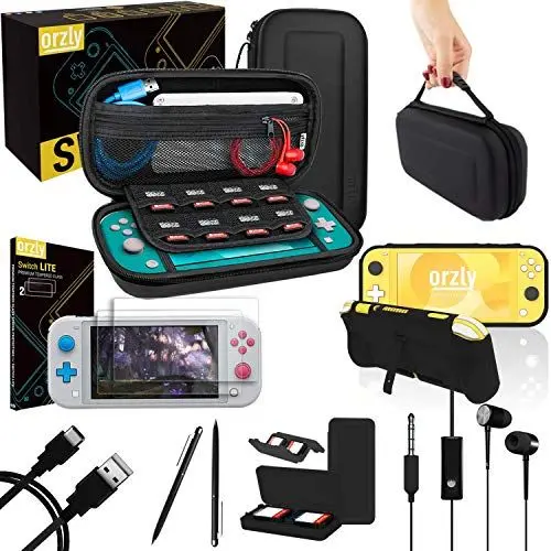 Produktbild: Switch Lite Accesoires, Orzly Zubehör für Nintendo Switch Lite (2019) Panzerglas Schutzfolien, USB Ladekabel, Konsole Tragetasche, Spiele Patronenhülse, Comfort Grip Case, Kopfhörer - Schwarz