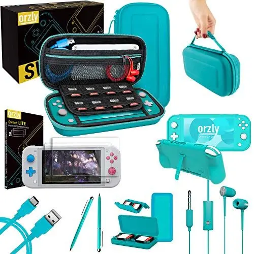 Produktbild: Switch Lite zubehör für Nintendo Switch Lite tasche hülle Panzerglas Schutzfolien, USB Ladekabel, Konsole Tragetasche, Spiele Patronenhülse,Comfort Grip Case, Kopfhörer- Türkis Blau yellow Koralle