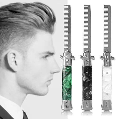 Produktbild: Switchblade Comb, Öl Haar Kamm Metallspring Sprungbürste Taschenöl Haar Kamm mit den breiten und feinen Zähnen für Bart, Schnurrbart, Kopf Black Pearl Griff (Grün)