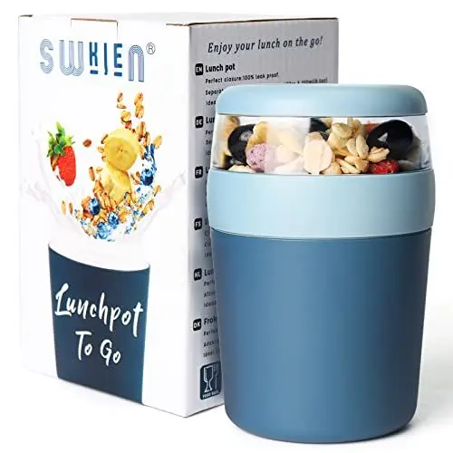 Produktbild: Swkien Joghurtbecher to go - MüSlibecher to go mit Löffel - Müsli to go Becher Auslaufsicherer - 250ML+500ML Joghurt to go Becher - Müslibecher für Joghurt & Müsli - Doppelschicht Müsli Cup Blau