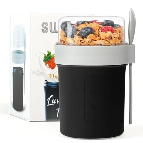 Produktbild: Swkien Müslibecher to Go, Joghurtbecher to Go, Müsli to Go Becher (560ML+220ML), Joghurt to Go Becher mit löffel, Müslibox to Go, Porridge Becher to Go, Müsli Cup Becher Lunchpot(Schwarz)